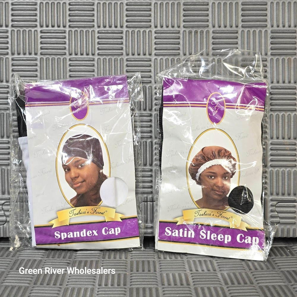 Toshicas Finest 2 Piece Set Spandex Cap and Satin Sleep Cap Black White Bundle